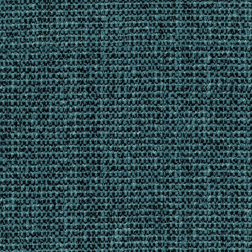 Close-up of teal woven upholstery fabric showing a small-scale textured weave in a 75% polyester, 5% linen, 20% viscose blend.
