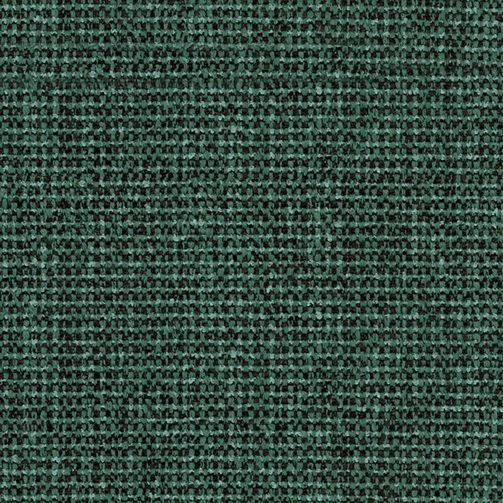 Close-up of green woven upholstery fabric in a 75% polyester, 5% linen, 20% viscose blend, showing a tight textured grid weave with dark flecks, ideal for contemporary sofas and office seating.