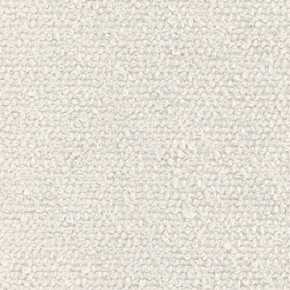 Close-up of cream 100% polyester bouclé upholstery fabric showing dense looped, nubby texture ideal for sofas and neutral interiors.