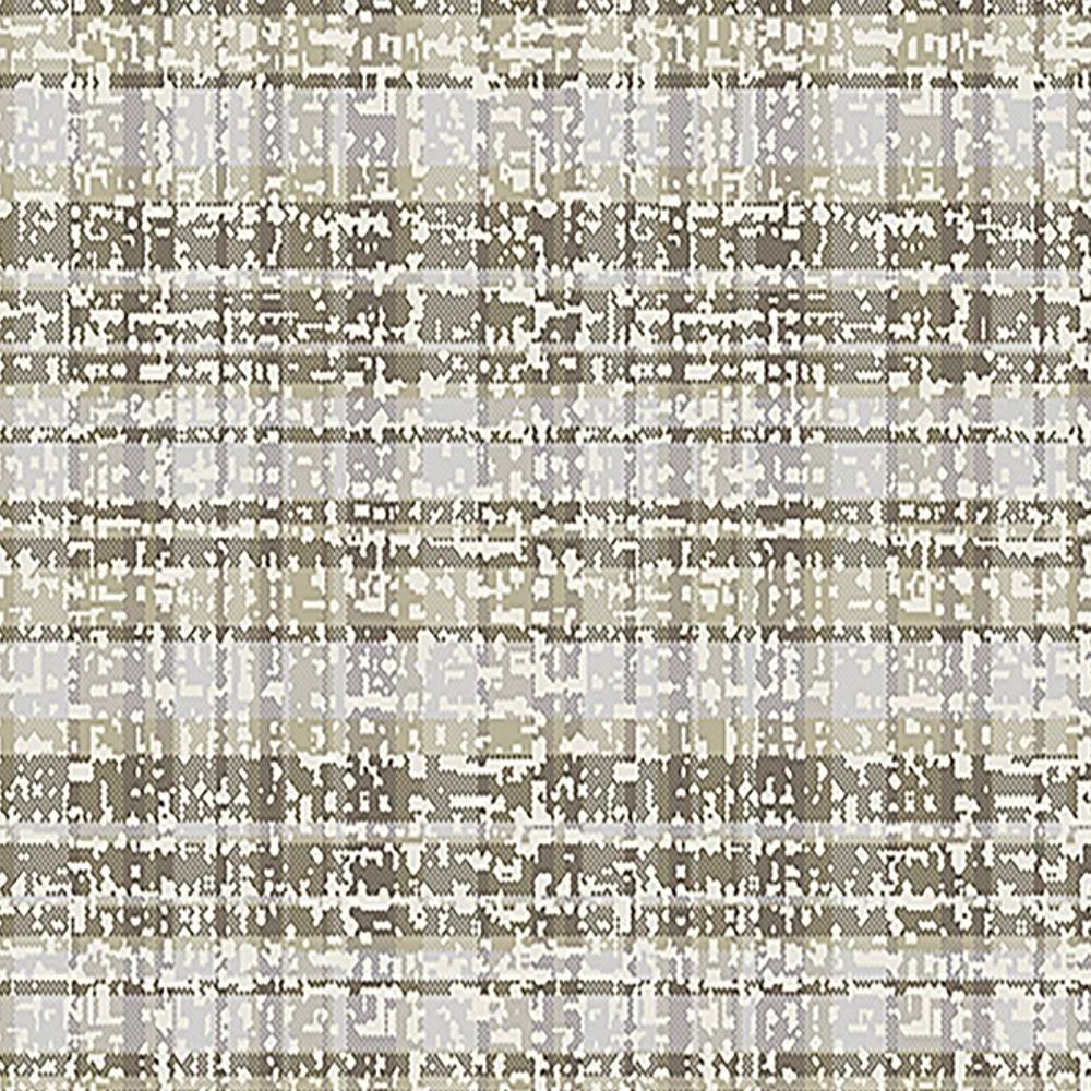 Close-up of beige and greenish-beige abstract pixelated plaid upholstery fabric with taupe and light-gray accents, showing woven texture; contemporary sofa fabric made of 75% polyester and 25% viscose.