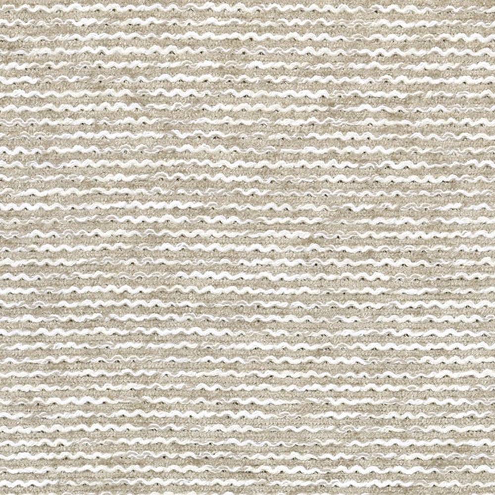 Close-up of beige upholstery fabric (55% viscose, 45% polyester) showing narrow wavy horizontal stripes in beige and white with a looped, bouclé-like textured weave for sofa upholstery.