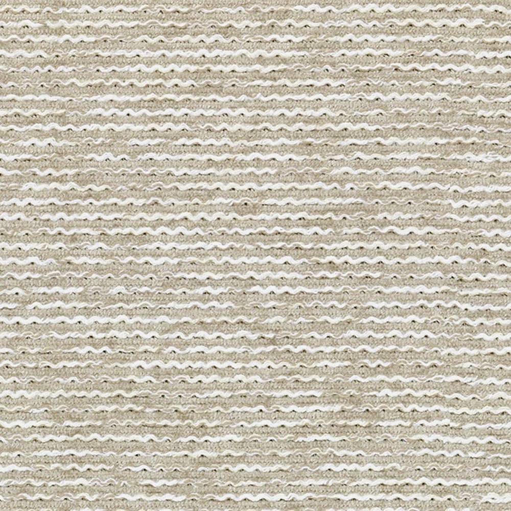Close-up of beige viscose-polyester upholstery fabric with wavy horizontal ribbed texture and subtle tonal variations, shown as a neutral indoor sofa fabric sample.