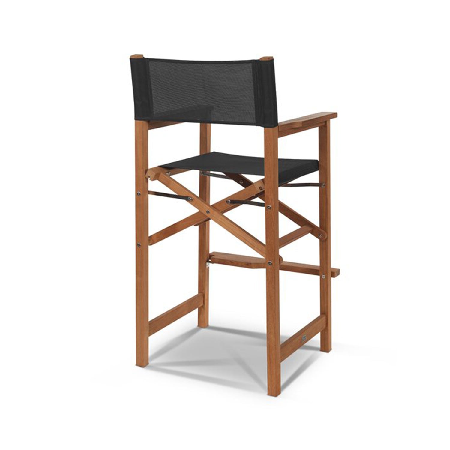 Folding teak outdoor bar stool with a natural teak wood frame, black fabric seat and mesh back, integrated armrests, X-brace folding supports and a built-in footrest — coastal counter-height seating for patio or kitchen island.