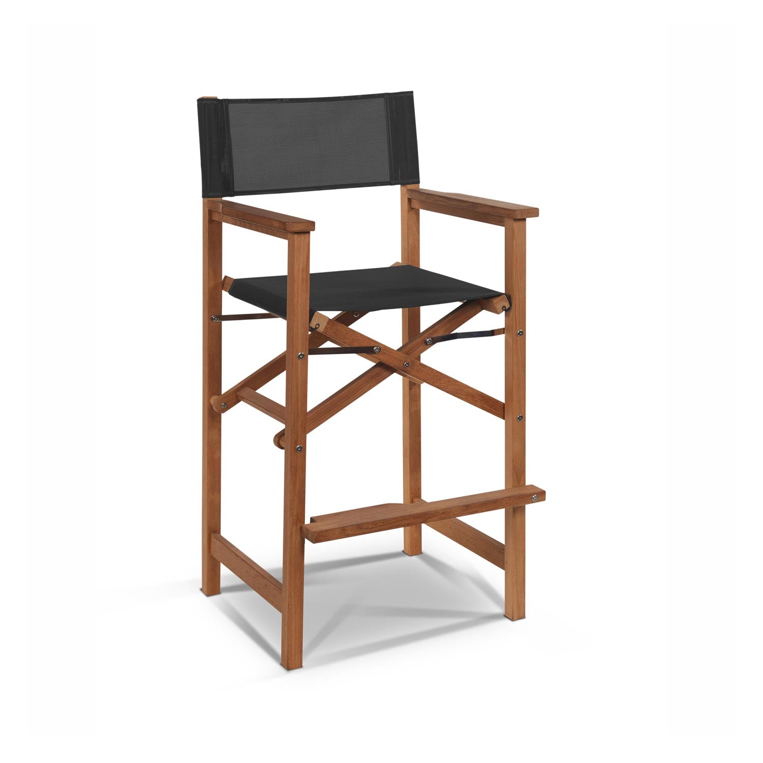 Folding teak outdoor bar stool with natural teak wood frame, black fabric seat and mesh back, wooden armrests, X-brace folding supports and built-in footrest shown on a white background.
