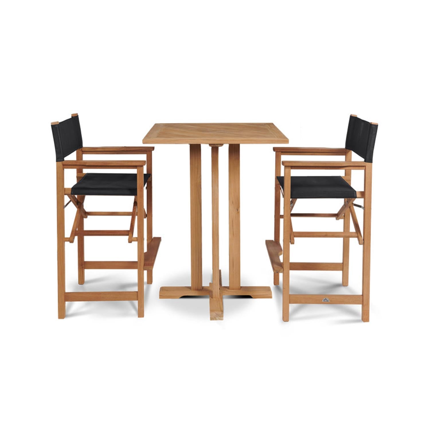 Two folding teak outdoor bar stools with black fabric seats and backs, armrests and footrests, positioned on either side of a square teak pub-height table in a natural coastal finish.