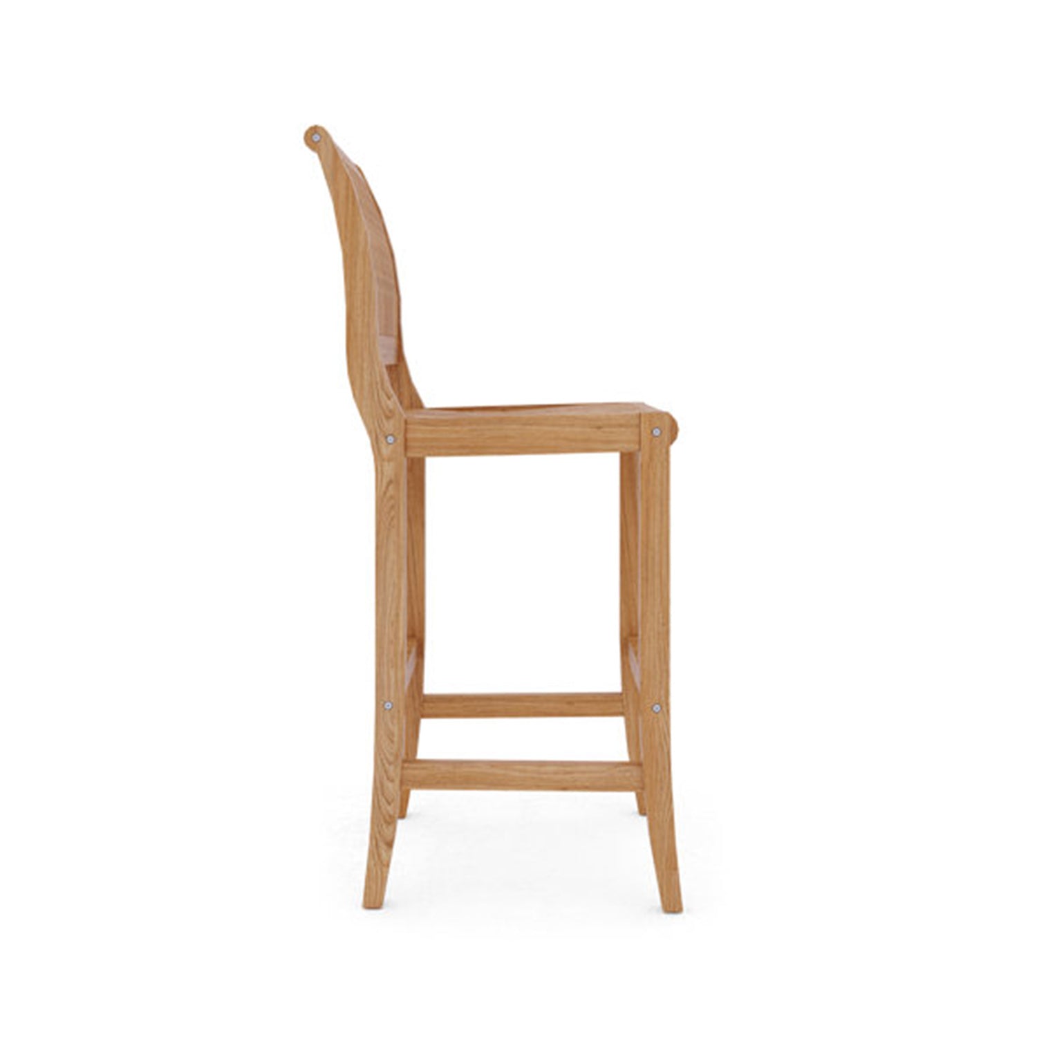 Side profile of an armless solid teak outdoor bar stool in a natural finish, with a gently curved backrest, square seat, footrest and tapered legs against a white background.