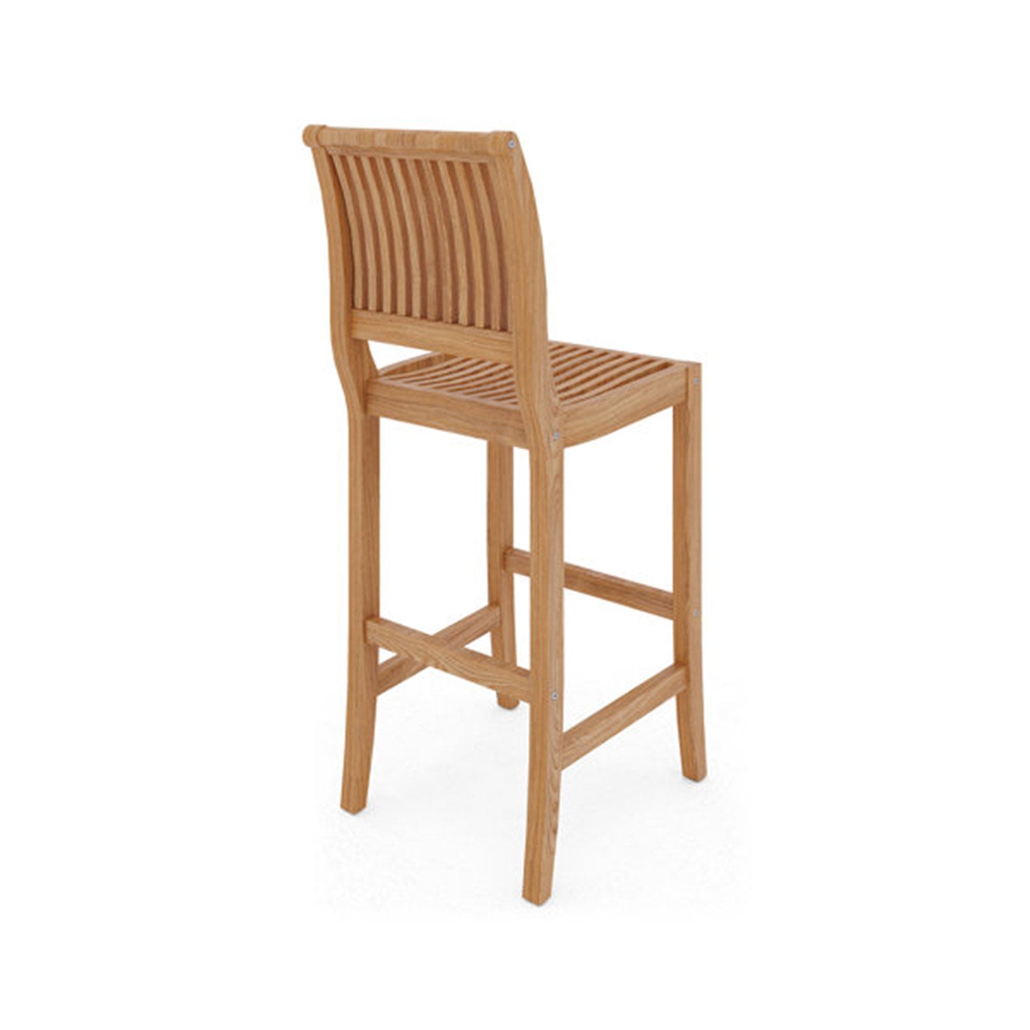Armless outdoor bar stool in natural teak with a curved slatted back, slatted seat, solid wood frame and crossbar footrest — coastal-contemporary design for patio or kitchen island.