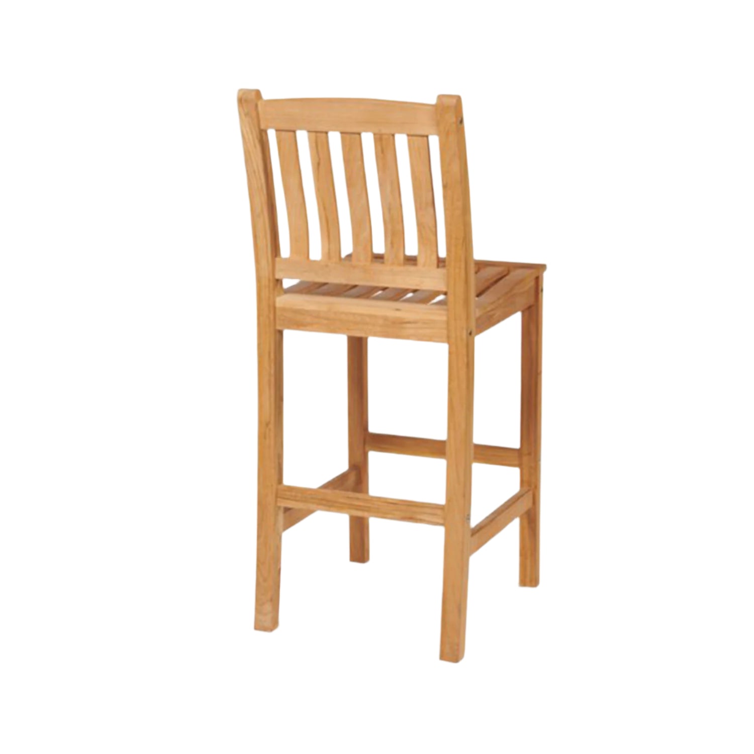 Natural teak armless outdoor bar stool with slatted seat and vertical slatted back, square legs and integrated footrest; coastal-style counter-height stool on a white background.