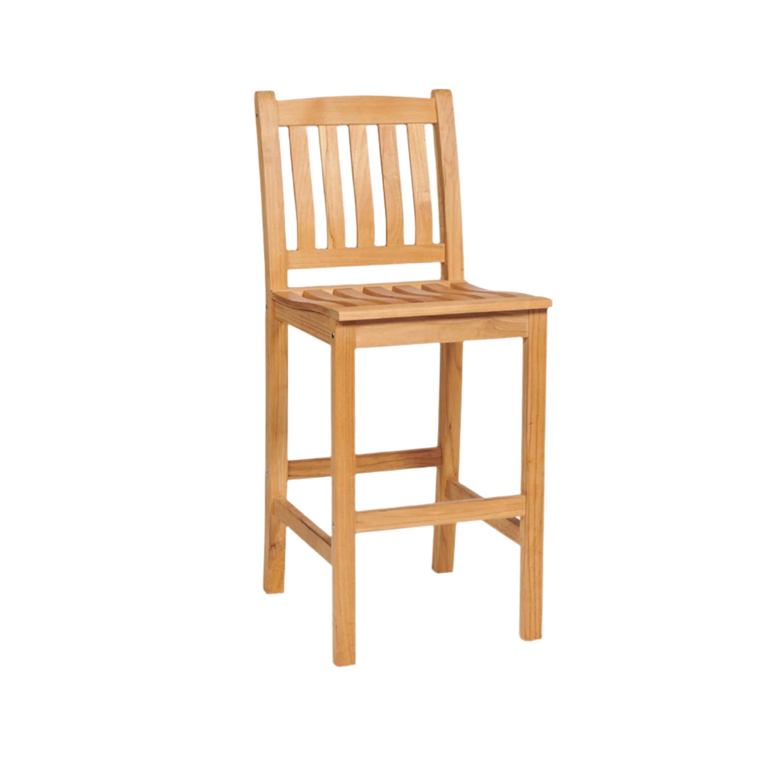 Armless teak outdoor bar stool in a natural finish, coastal style, with vertical slatted back, contoured slatted seat, square legs and built-in footrest, shown on a white background.