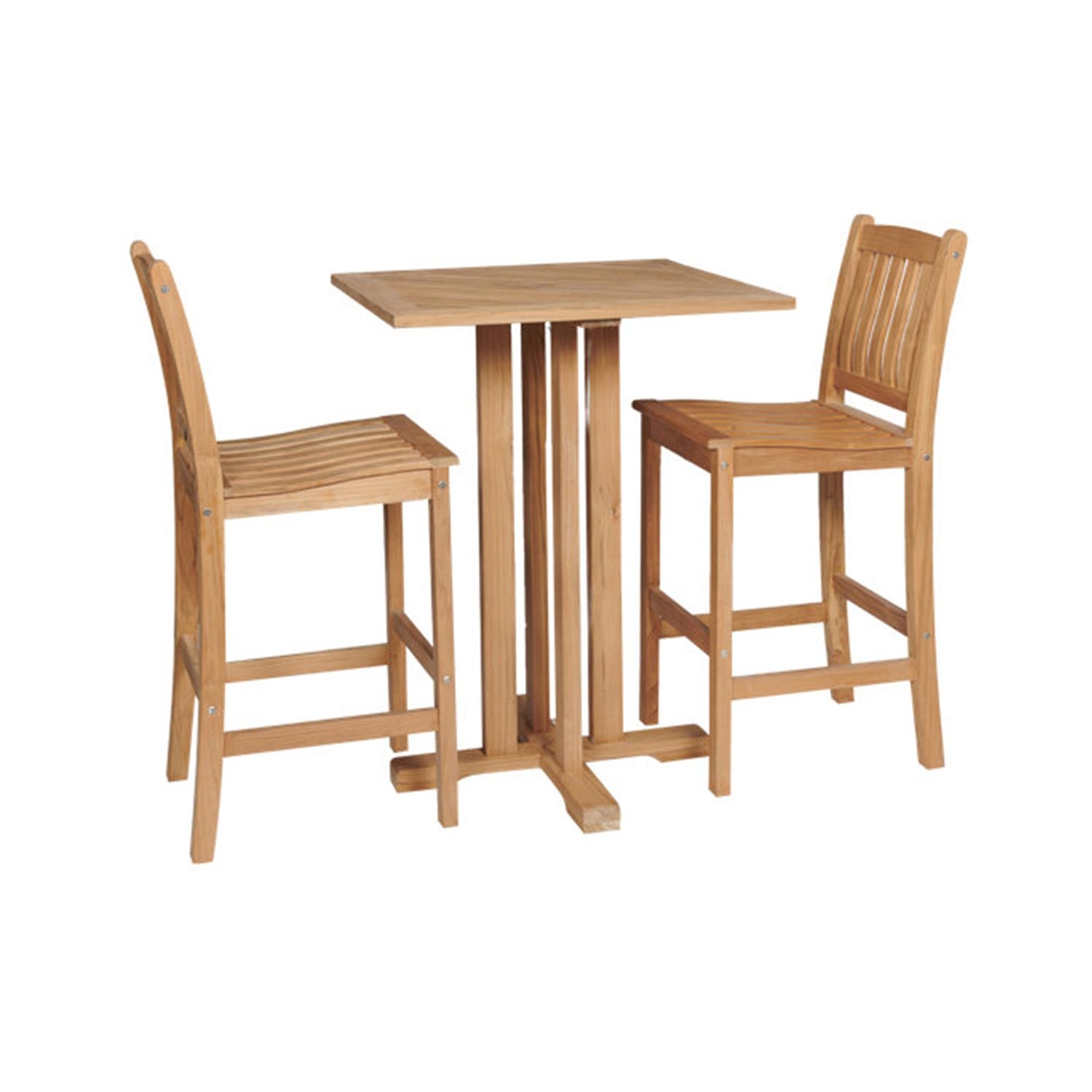 Square teak outdoor pub table with a central slatted pedestal base, flanked by two armless slatted-back teak bar stools in a natural finish for a coastal wooden seating set.