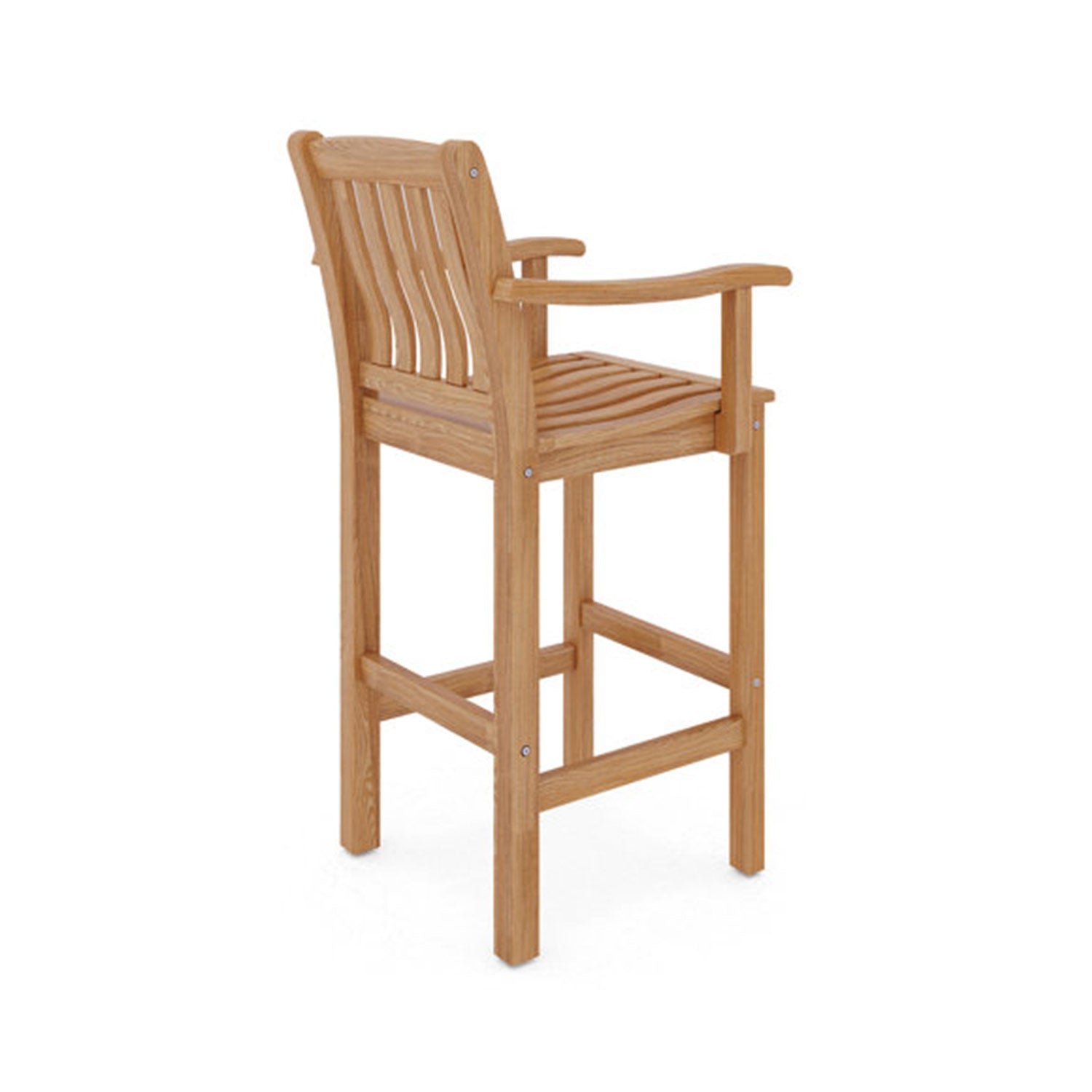 Three-quarter view of a natural solid teak outdoor bar stool with slatted seat, curved slat back, integrated armrests, square legs and a built-in footrest in a coastal style.