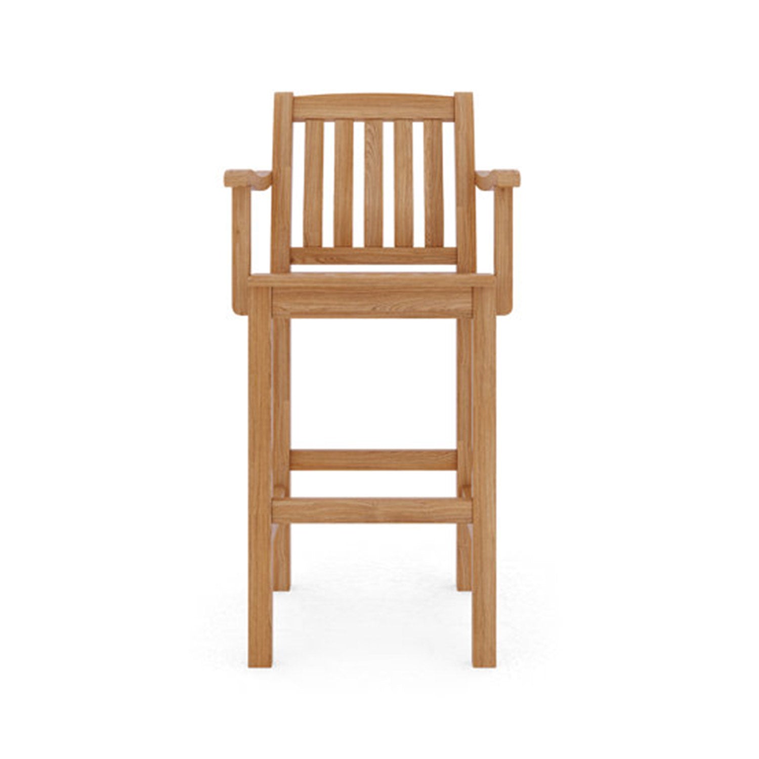 Front view of a natural teak outdoor bar stool with a full slatted back, armrests, square legs and built-in footrest, coastal-style solid wood construction.