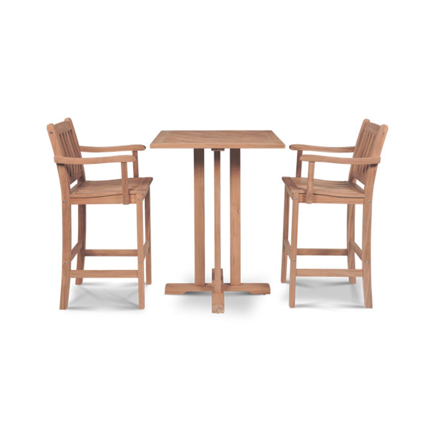 Two natural teak outdoor bar stools with slatted full backs and arms flanking a matching square teak pedestal bar table in a coastal solid-wood finish.