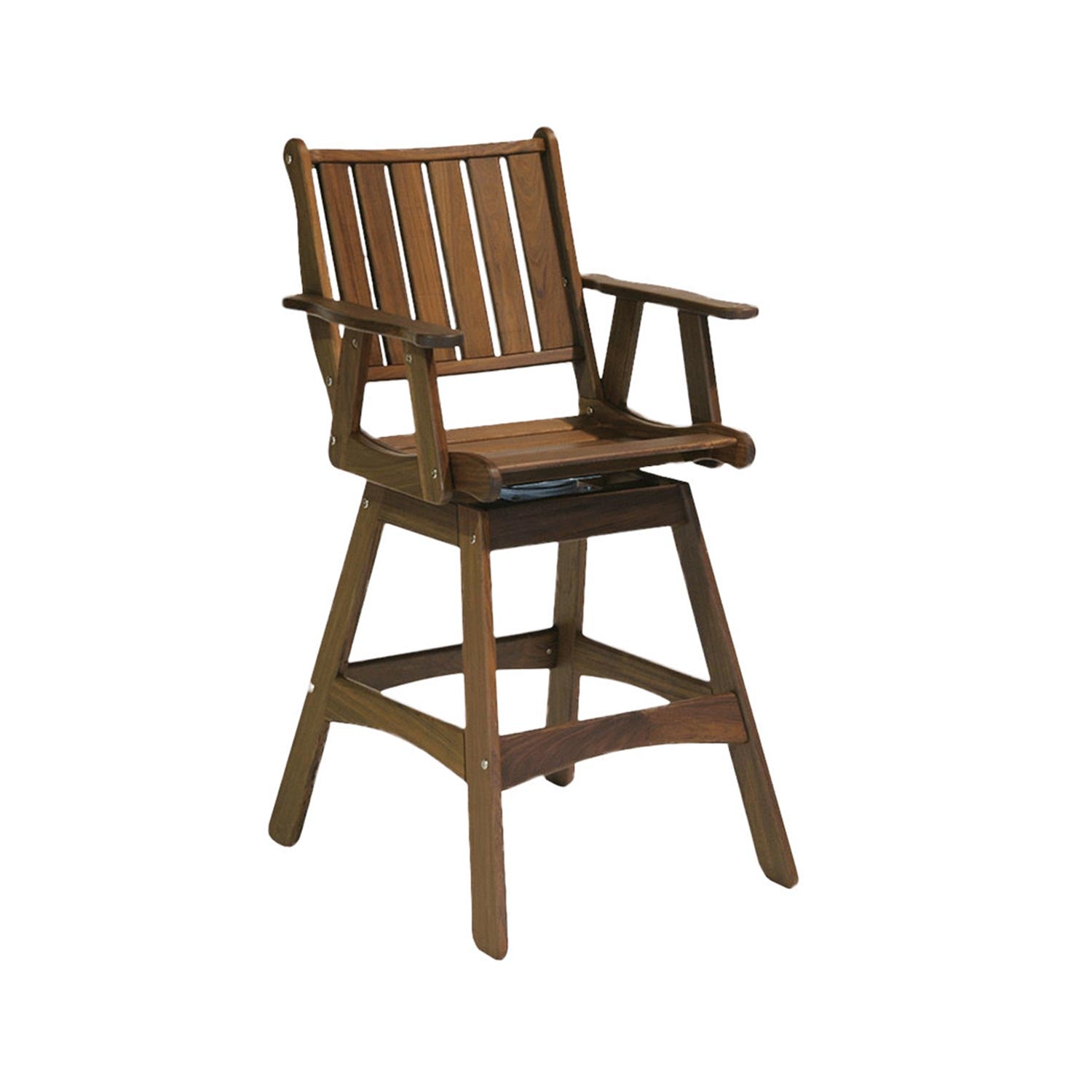 Solid teak outdoor bar stool in a warm natural finish, featuring a slatted back, armrests, molded seat and four-legged base with integrated footrest; coastal-style seating for kitchen island or patio.