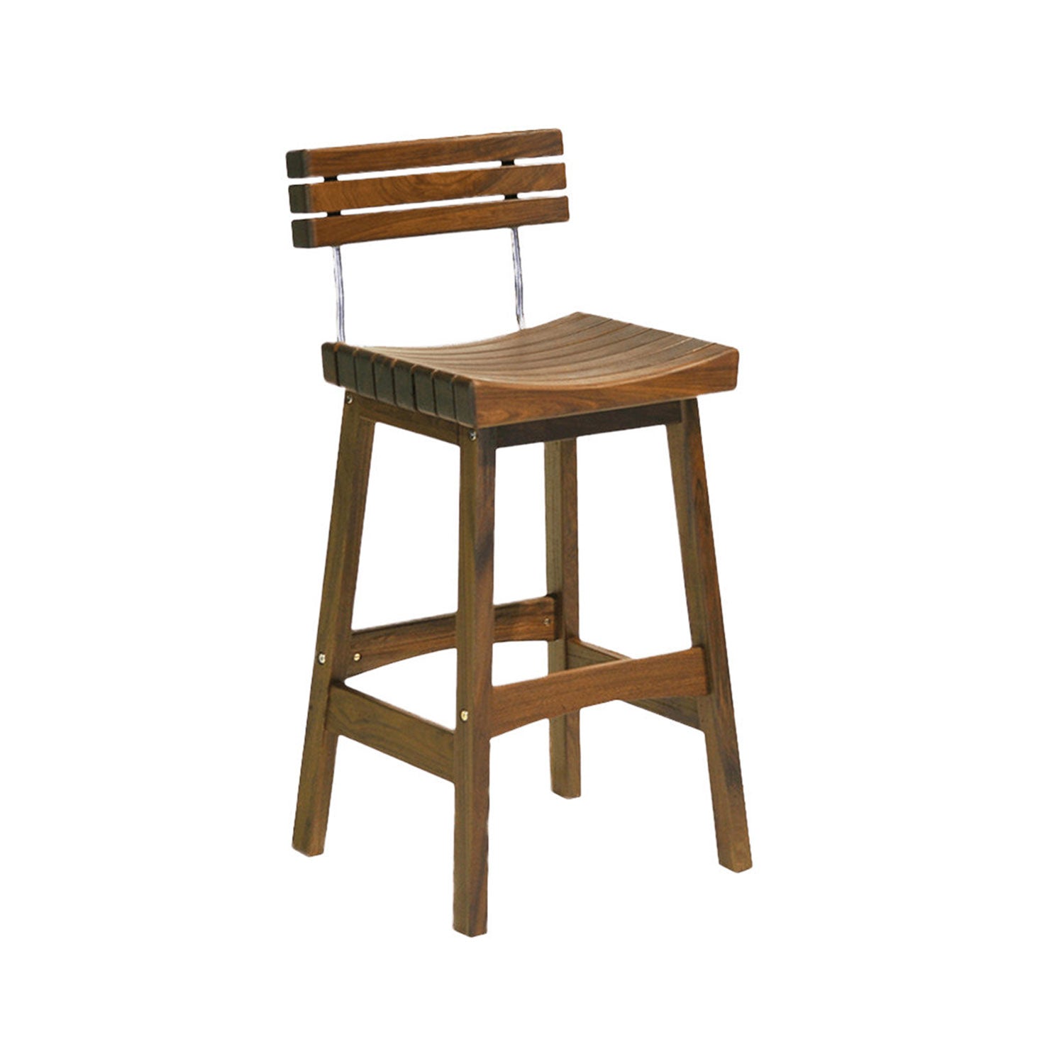 Armless teak outdoor bar stool with contoured slatted seat, low three-slat back on metal supports, solid wood frame and footrest in a natural teak finish.