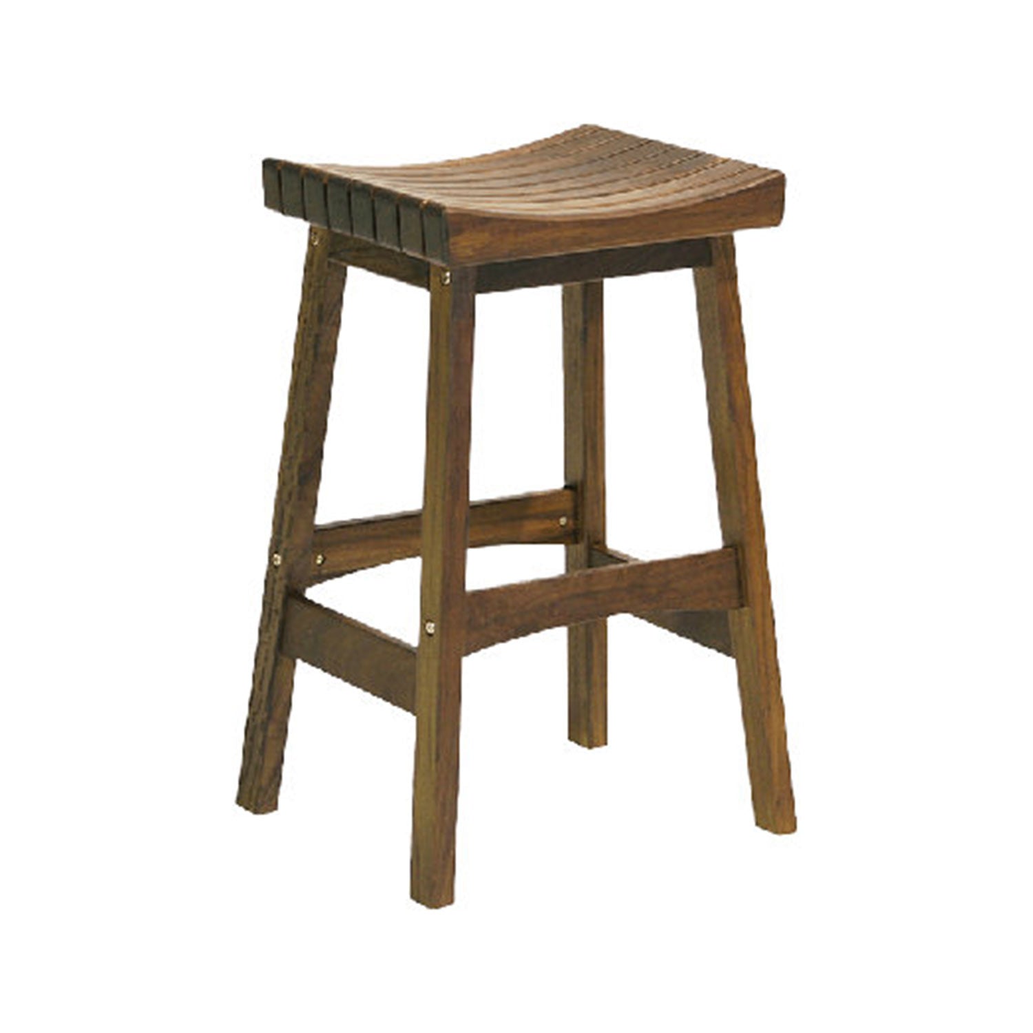 Backless teak bar stool with a gently curved slatted seat, four slightly splayed solid-wood legs and cross stretchers in a natural teak finish, designed for outdoor or coastal counter and bar seating.