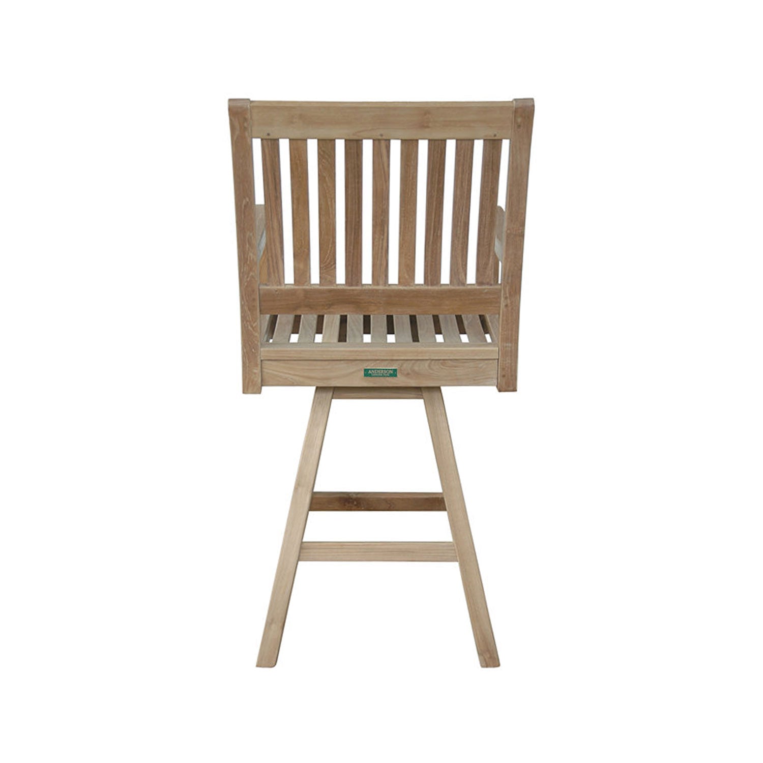 Rear view of a natural teak outdoor bar stool with slatted back and seat, coastal-style wooden frame with armrests and splayed legs, showing the stool’s natural wood grain and outdoor-ready construction.