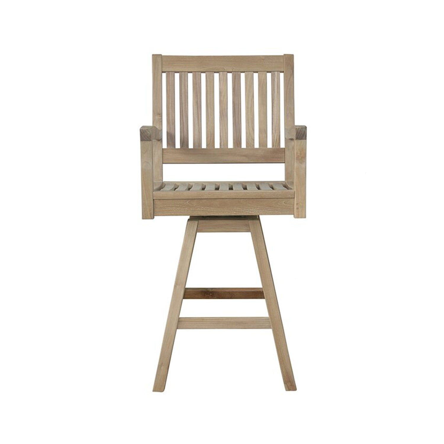 Front view of a natural teak swivel outdoor bar stool featuring a slatted back and seat, square armrests, and a tapered four-legged base with a footrest in a coastal natural finish.