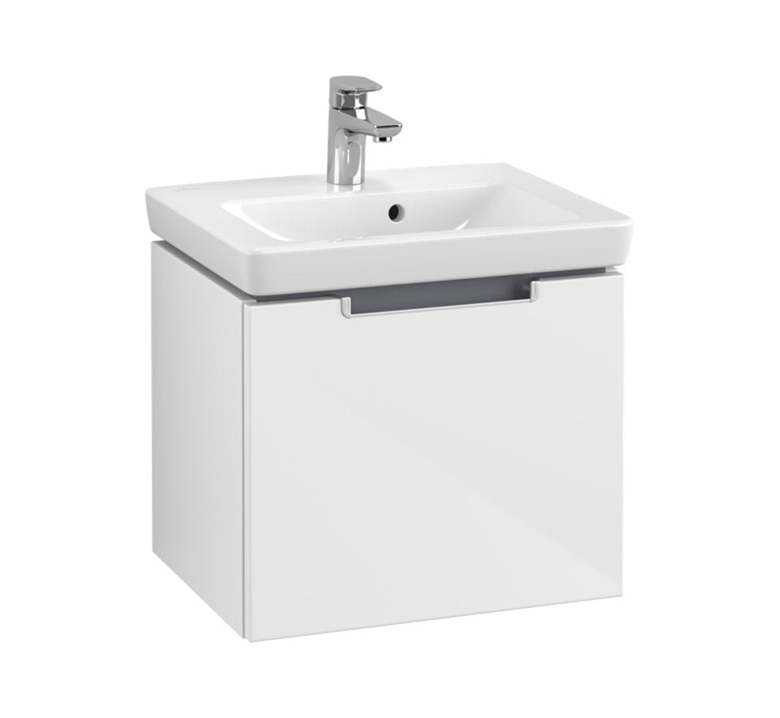 Modern single-sink vanity with a white ceramic basin and chrome single-handle faucet on a compact stone-finish solid wood cabinet featuring a large front drawer with integrated recessed handle.