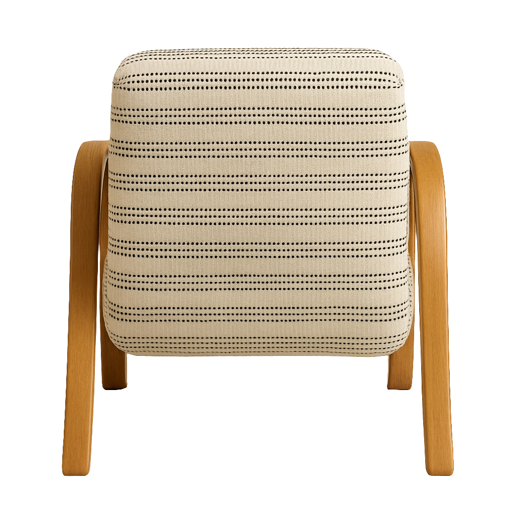 Front view of a coastal accent chair with neutral beige canvas upholstery featuring thin dotted black horizontal stripes and a curved natural oak frame and arms.