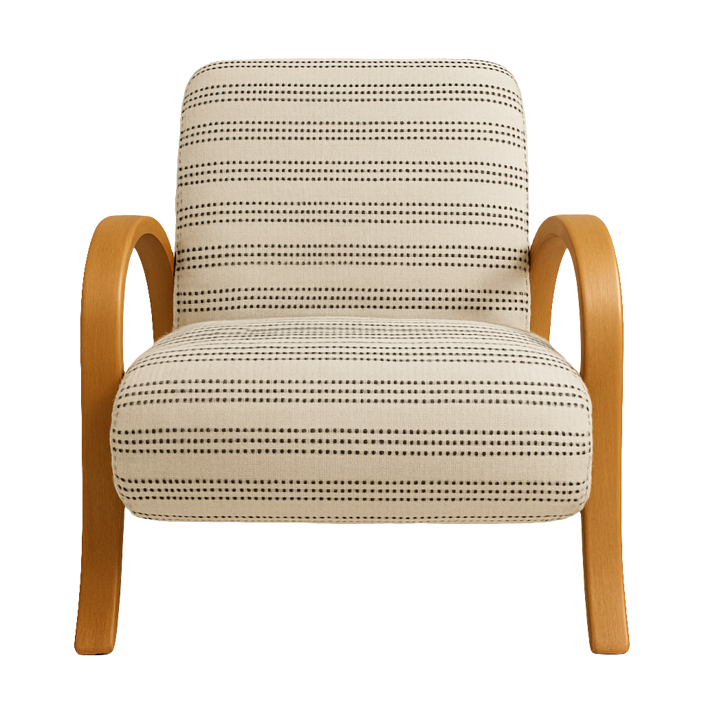 Front view of a coastal Scandinavian accent chair in cream fabric with black dotted horizontal stripes, cushioned seat and low back, supported by curved natural oak arms and legs.