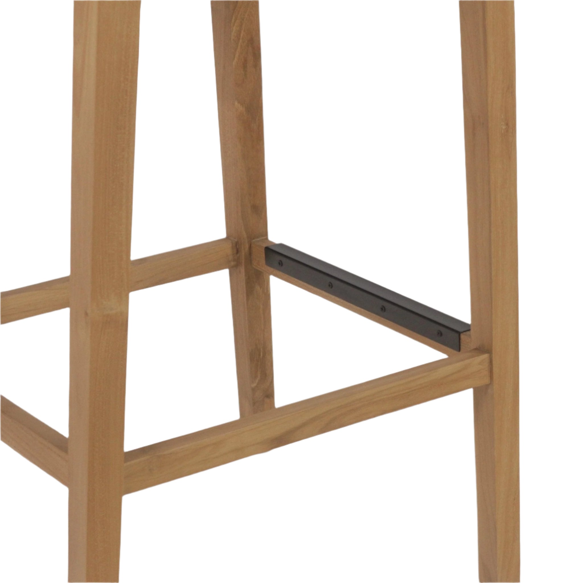 Close-up of an outdoor bar stool showing natural teak legs and wooden stretchers with a black metal footrest bar attached to the side.