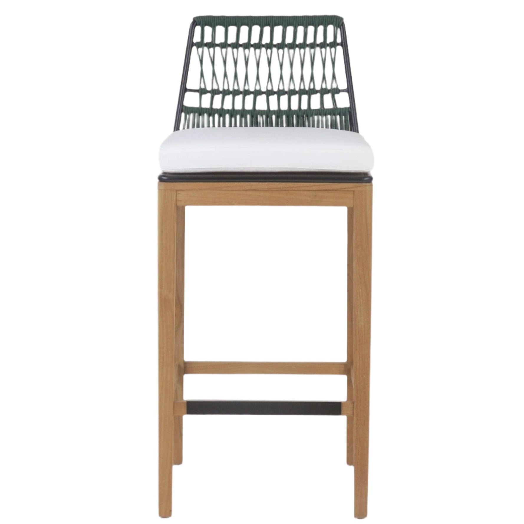 Front view of an outdoor mid-century modern bar stool with a teak frame, white fabric seat cushion, black metal accents and footrest, and a green woven rope back.