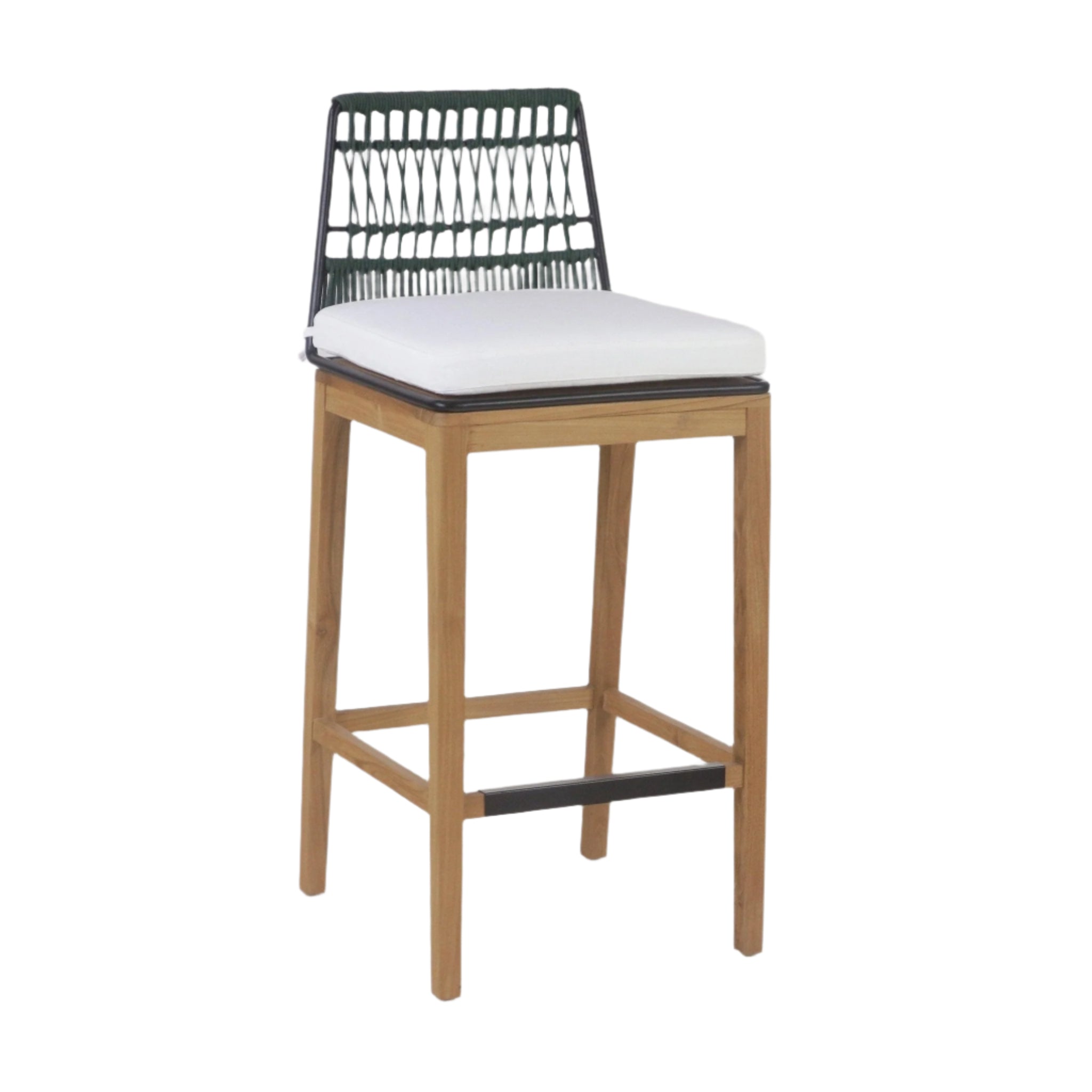 Mid-century modern outdoor bar stool with a teak wood frame, black woven rope backrest, white fabric seat cushion, and a black metal footrest.