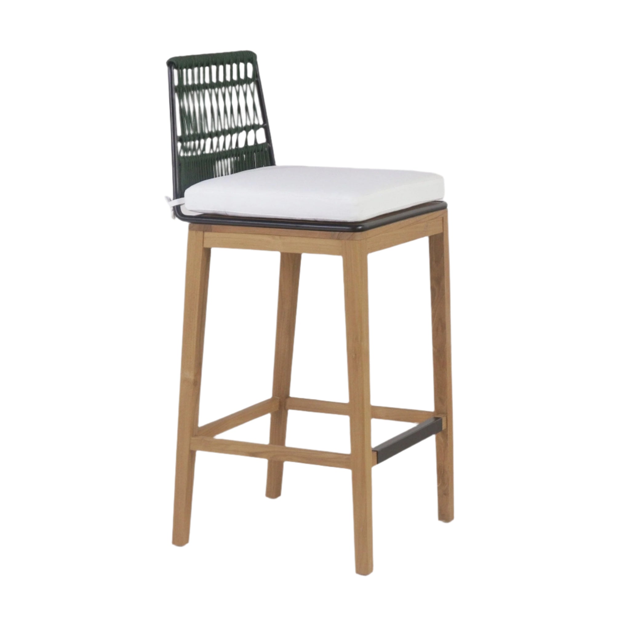 Outdoor bar stool with teak frame, black metal trim and footrest, green woven rope back and a white cushioned seat in a mid-century modern bar-height silhouette.
