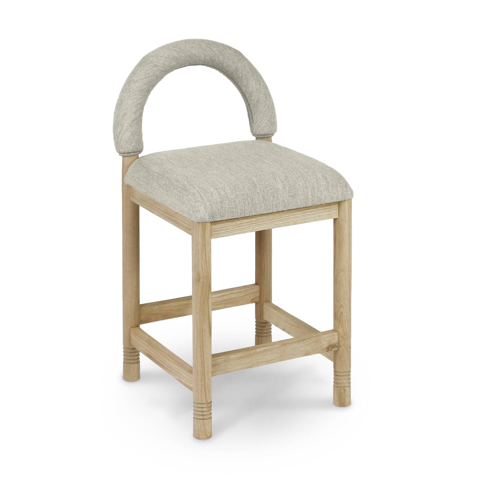 Beige-taupe bouclé upholstered counter stool with an arched back, natural oak legs and square stretcher footrest, shown on a white background.