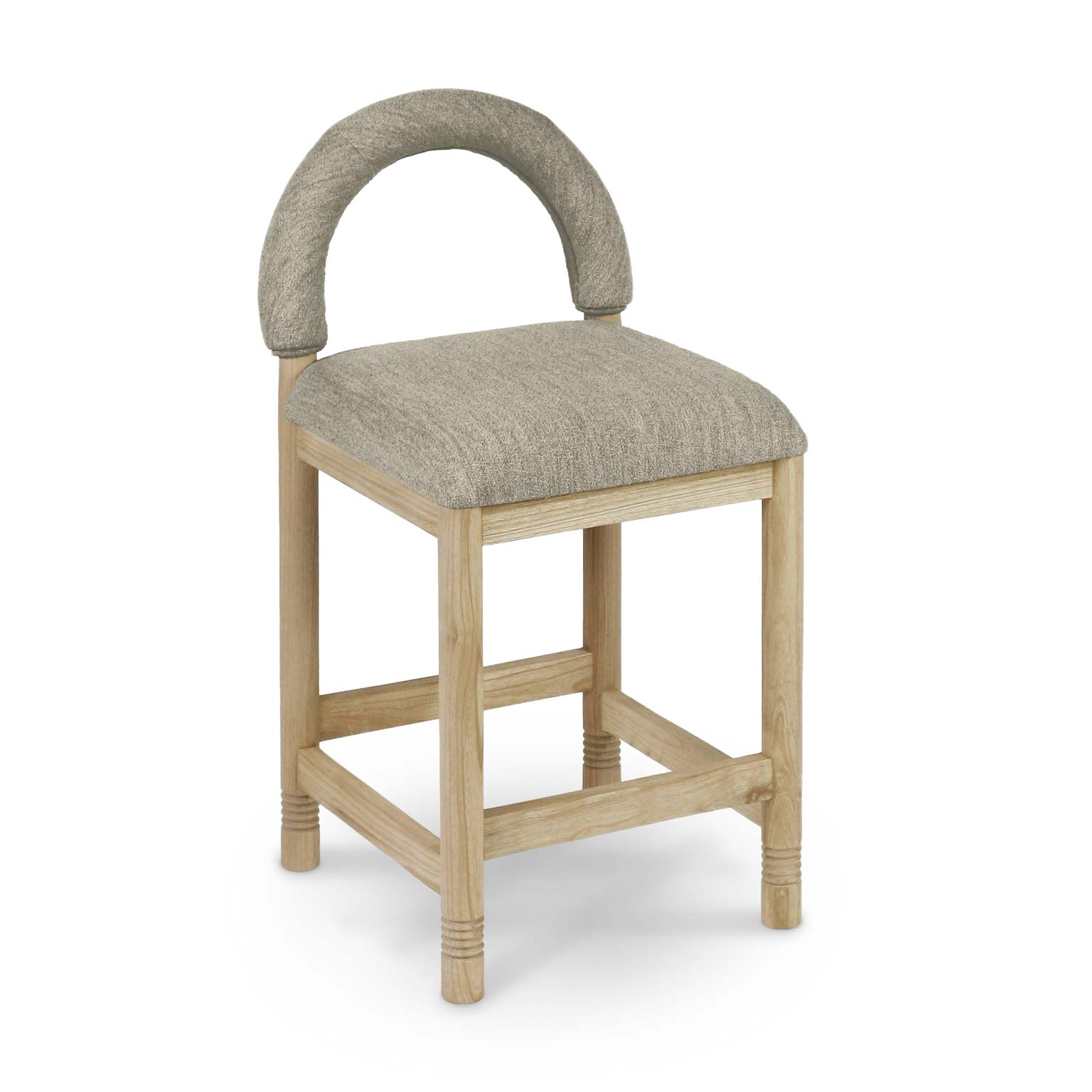 Beige boucle upholstered counter stool with rounded arched back, natural oak frame and square legs with stretcher footrest in a coastal-contemporary style.