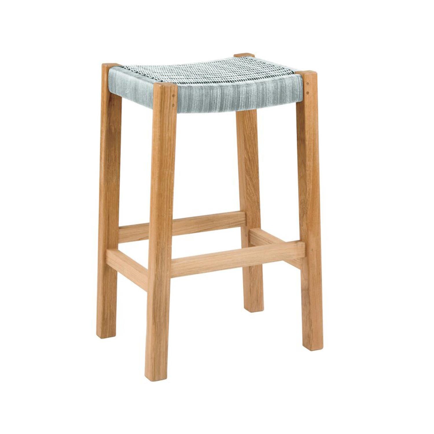 Backless outdoor bar stool with solid teak frame, square legs and stretcher footrest, topped by a light-gray woven seat in a coastal-contemporary style.