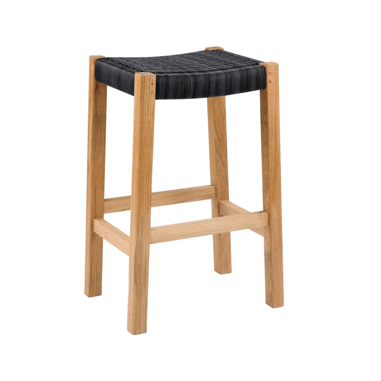 Backless outdoor bar stool with solid teak frame and woven gray seat, coastal-contemporary style featuring square legs and an integrated footrest.