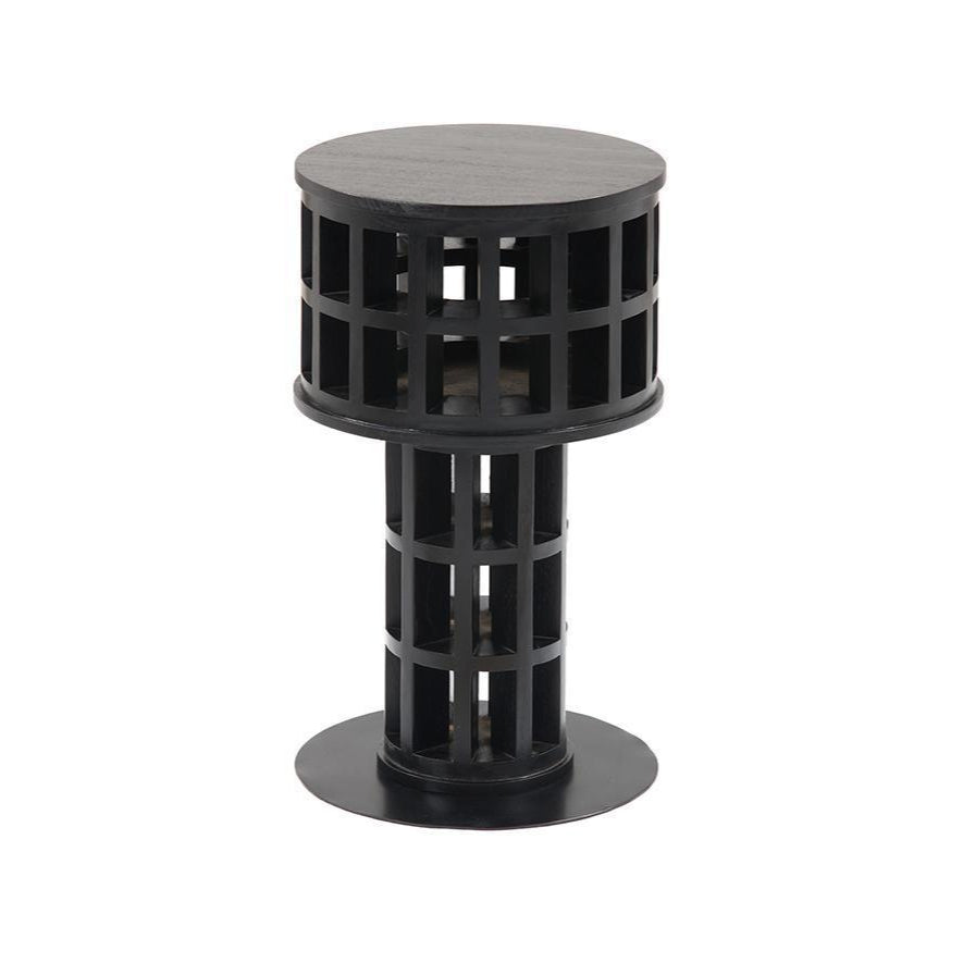 Black mahogany side table with a round top and cylindrical open-grid (honeycomb) pedestal resting on a round plinth, modern minimalist design for living rooms.