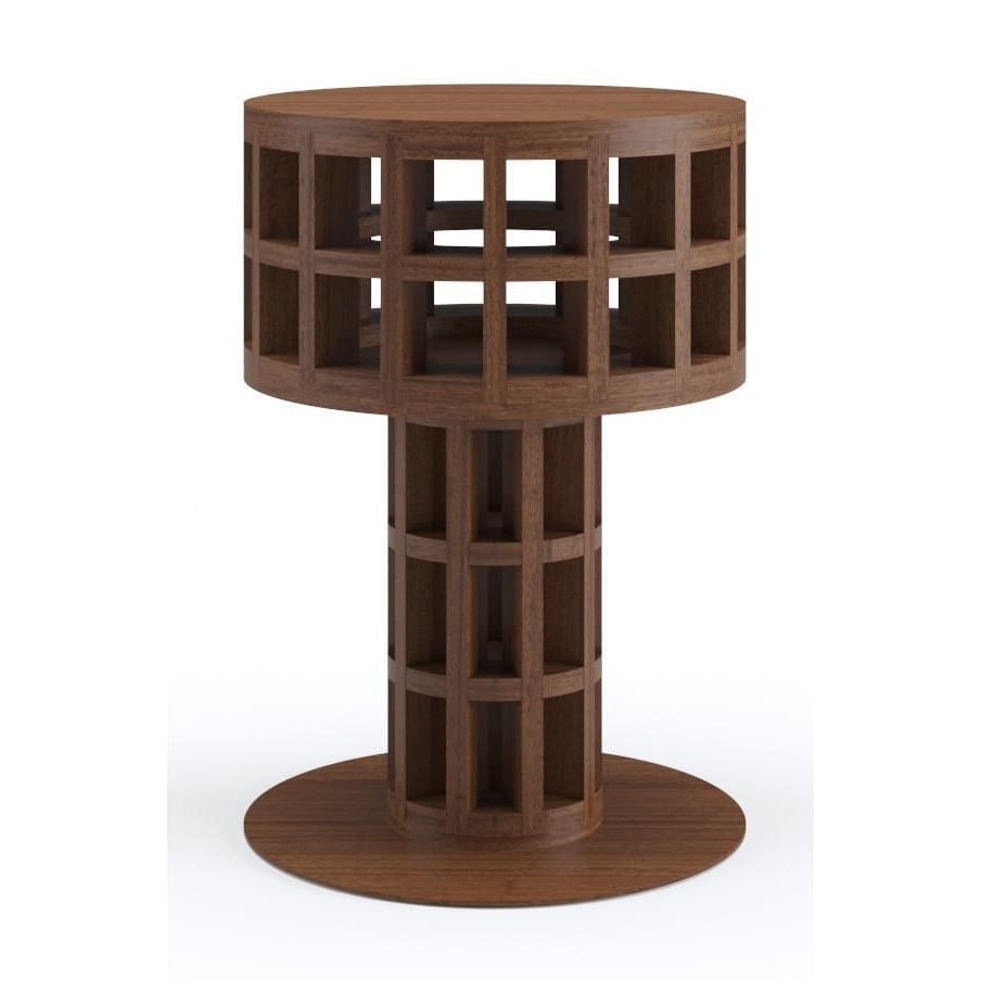 Round honeycomb-style side table in natural brown solid wood with an open grid drum top and cylindrical grid pedestal above a circular base, modern contemporary design for living room use.