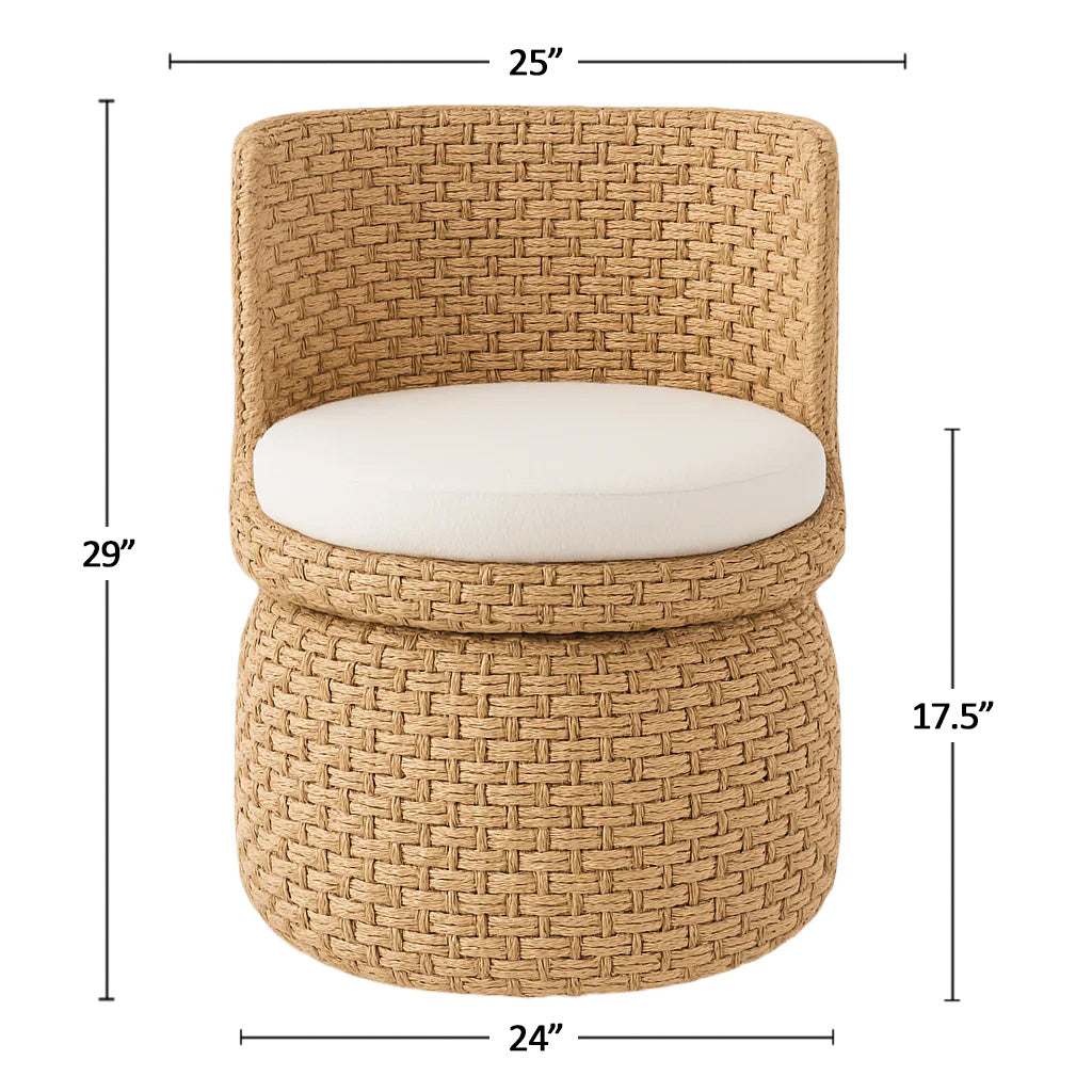Front view of a coastal-inspired natural seagrass-woven swivel accent chair with a low curved back and cream round cushion, shown with measurement markings indicating 25 in width, 29 in height, and 17.5 in seat height.