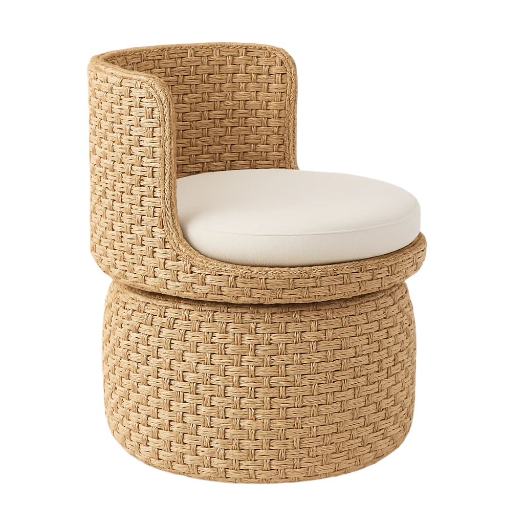 Seagrass-woven swivel accent chair with a curved low back and a round cream fabric seat cushion, natural beige coastal boho texture.
