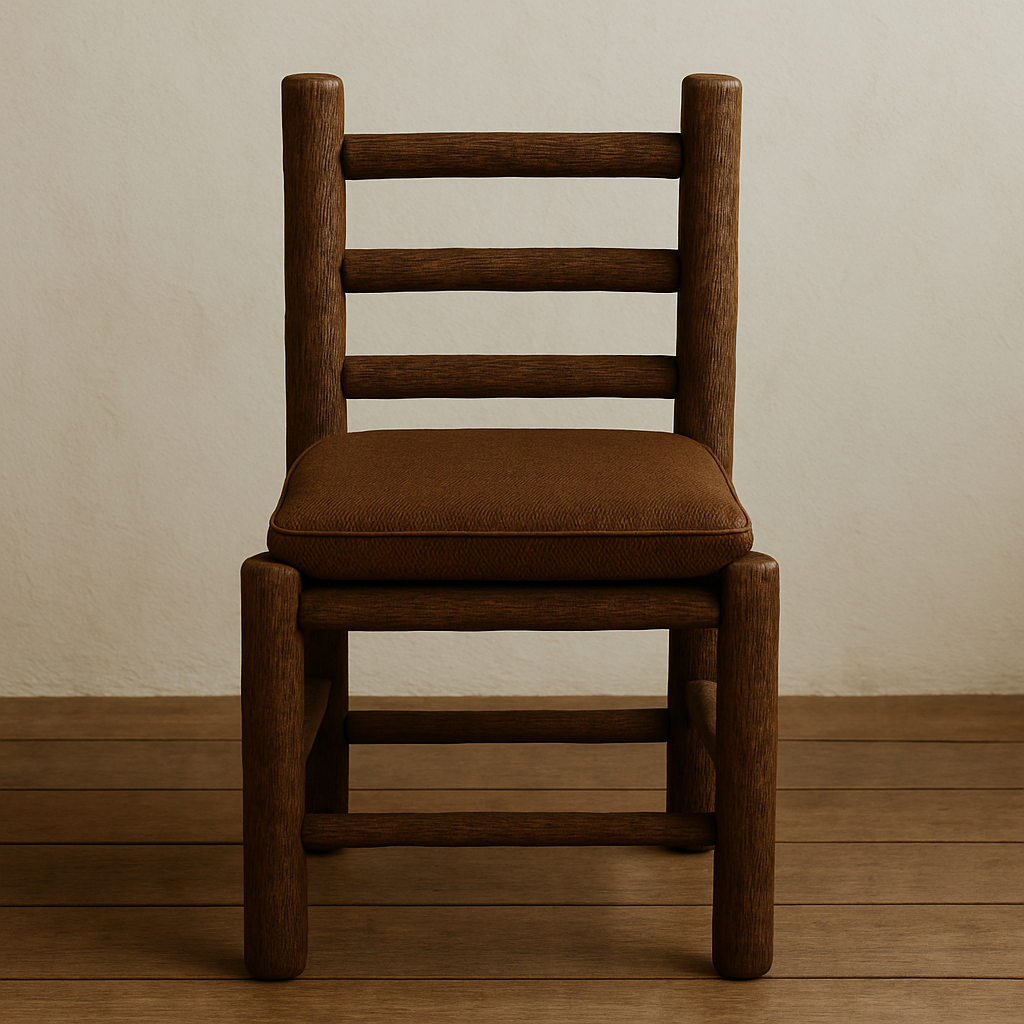 Front-facing rustic teak dining chair with three horizontal ladder-back slats, rounded wood legs and a brown upholstered seat cushion, shown on a wooden floor against a neutral wall.