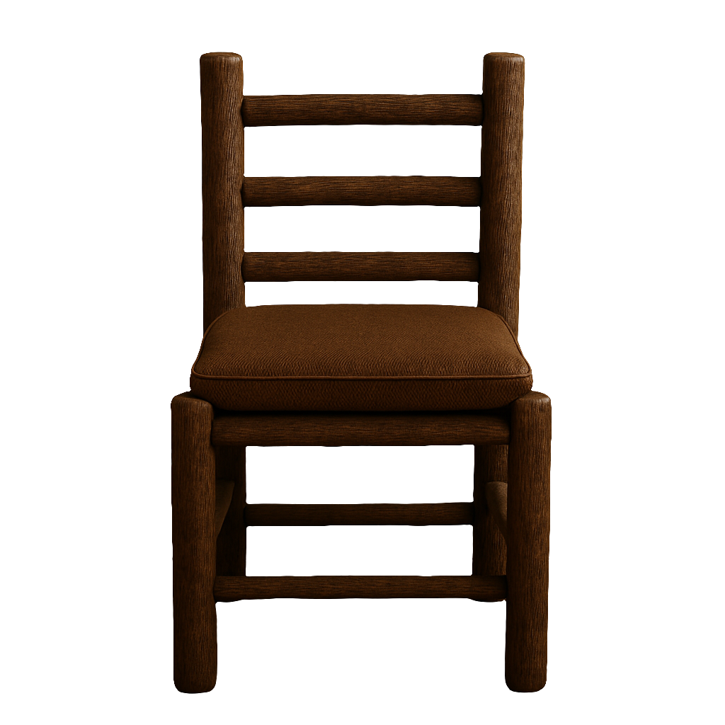 Front view of a rustic teak dining chair with round posts, three horizontal ladder-back slats and a brown upholstered seat cushion.