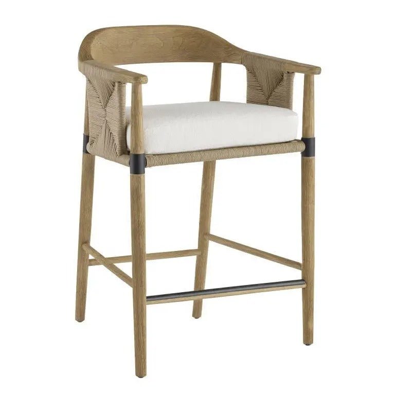 Natural wood counter stool with a curved woven back and wrapped rope detailing, cream upholstered seat, short armrests and dark metal footrest with matching leg collars.