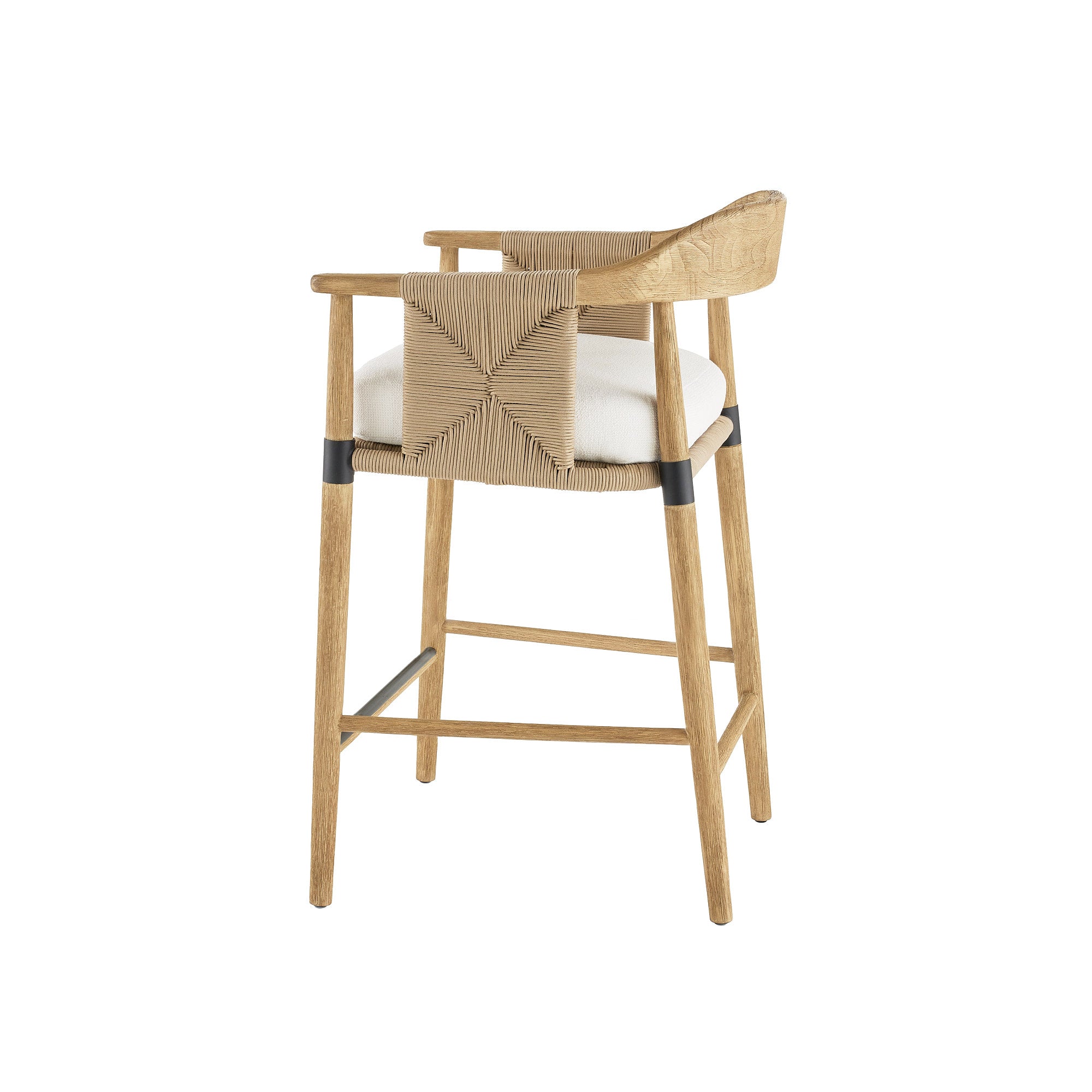 Bar-height stool in natural wood with a woven rope back, white upholstered seat cushion, curved wooden arms, and black metal leg bands and footrest.