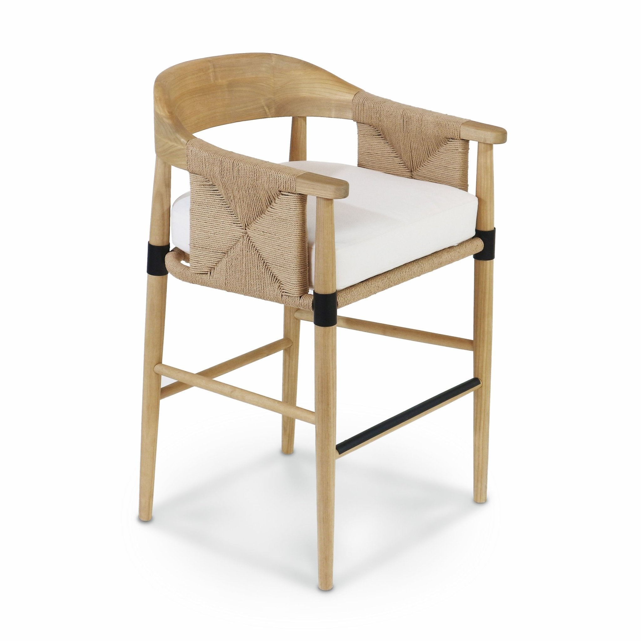 Natural wood bar stool with woven rope back and arm panels, white upholstered seat cushion, tapered legs with black metal leg bands and a black metal footrest, shown on a white background.