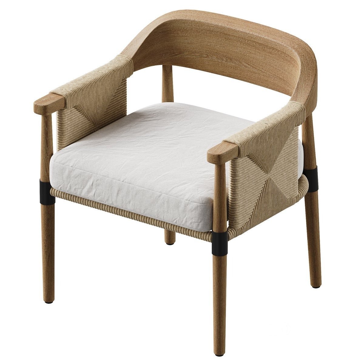 Mid‑century modern oak dining chair with a curved wooden back, natural woven rope arm panels and a light beige performance fabric seat cushion on tapered oak legs with black metal collars.