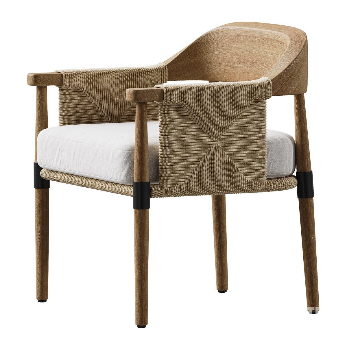 Natural oak dining chair with a curved wood shell back, woven tan rope arm panels forming a geometric pattern, white performance-fabric seat cushion, and tapered oak legs with black metal collars.