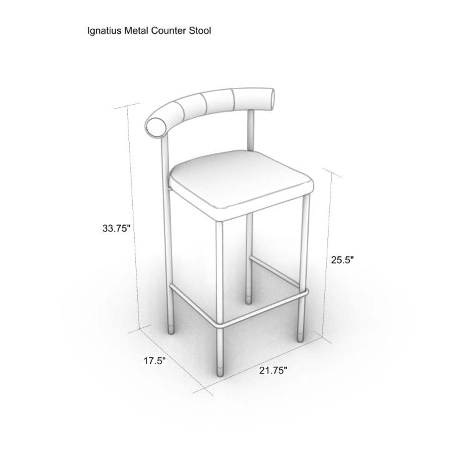 Line-drawing of a metal counter stool with a curved low back and cushioned seat, showing dimension callouts: 33.75" overall height, 25.5" seat height, 21.75" width and 17.5" depth.