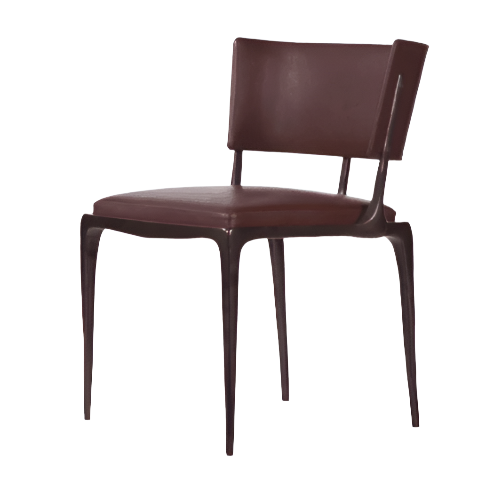 Armless modern dining chair upholstered in brown faux leather with a cushioned seat, low rectangular backrest and slender tapered metal legs.