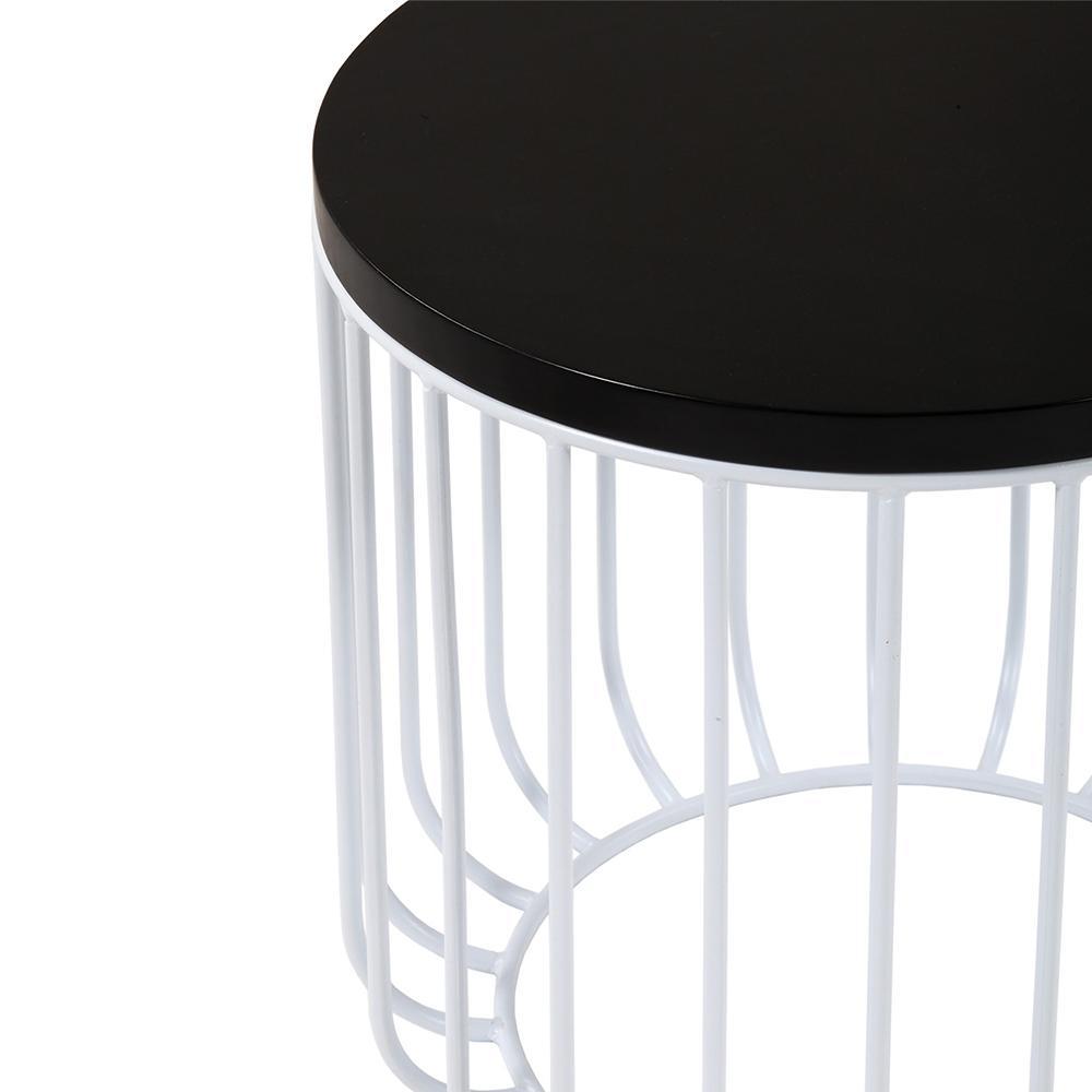 Close-up of a round side table featuring a dark mahogany wooden top and a white metal wire cage base, highlighting the smooth top edge and vertical wire slats.