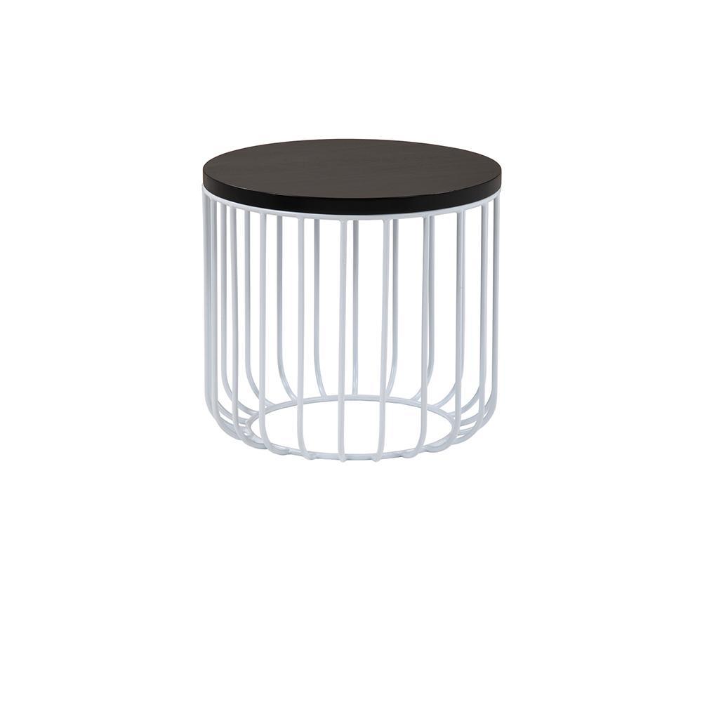Round side table with a mahogany wood top and white metal wire cage base in a rustic style, shown on a white background.