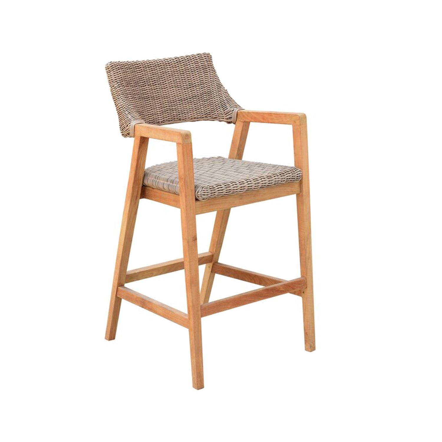 Coastal outdoor bar stool with a natural teak frame and gray woven rope seat and back, featuring low wooden armrests and a square stretcher footrest for counter-height seating.