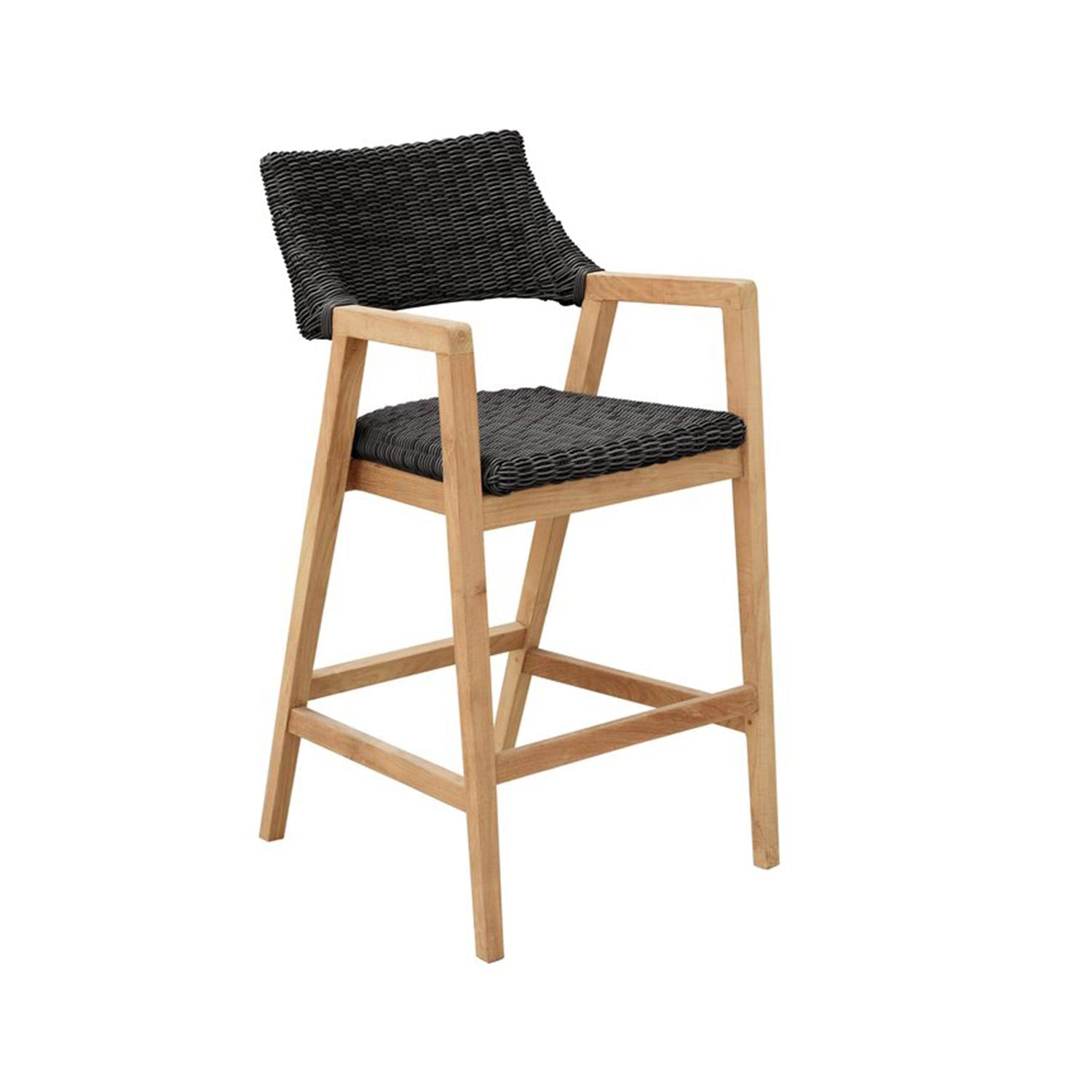 Coastal teak outdoor bar stool with natural wood frame, gray woven rope seat and back, integrated armrests and square footrest.